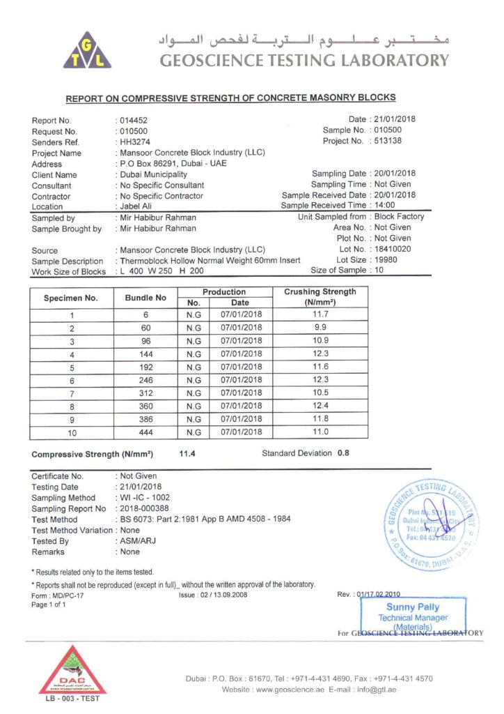 10'' THERMAL BLOCK (60 MM THERMAL INSERT) - REPORT ON COMPRESSIVE STRENGTH
