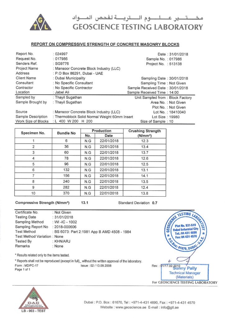 8'' THERMAL BLOCK (80 MM THERMAL INSERT) - REPORT ON COMPRESSIVE STRENGTH