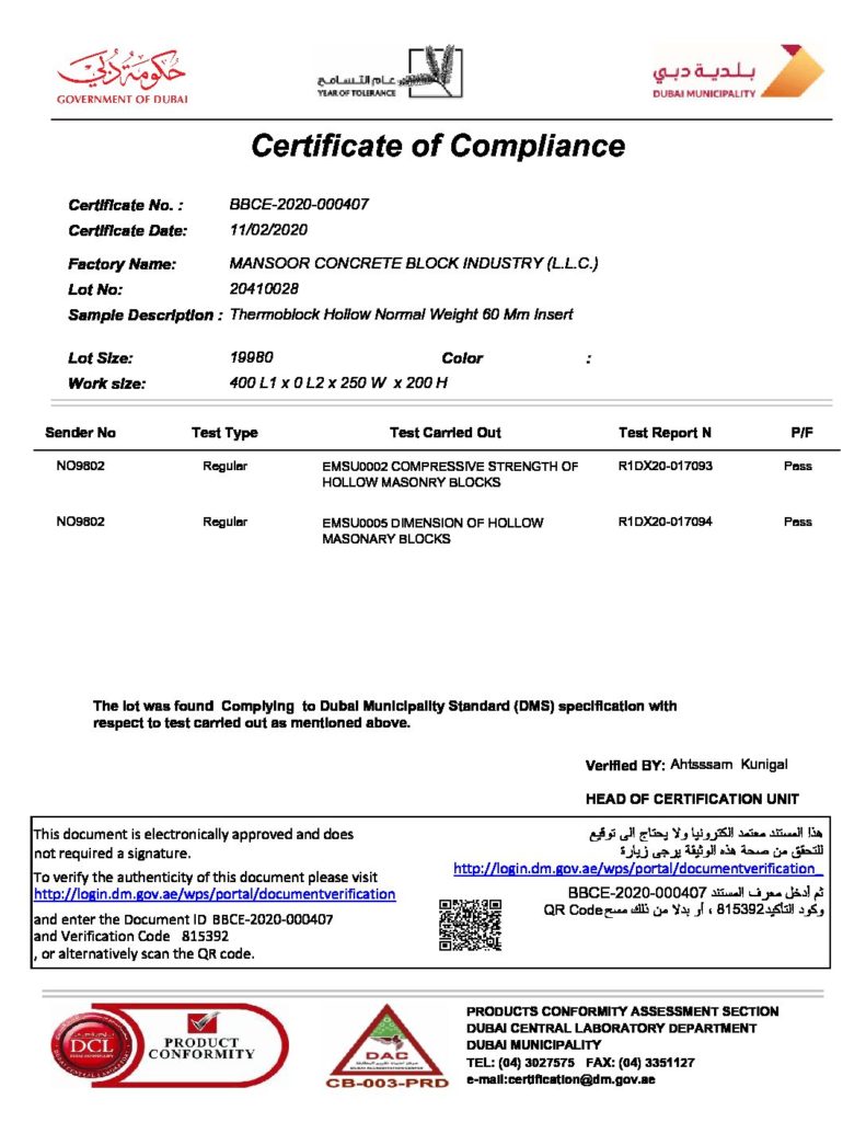 10'' THERMAL BLOCKS (60 MM INSERT) - CERTIFICATE OF COMPLIANCE